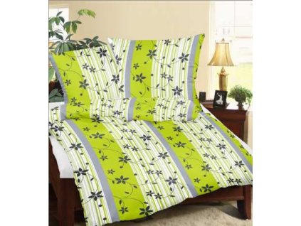 140x200 kůra ložní prádlo vzor RS010/1 Květiny pruhy zelená bílá šedá zapínání na knoflíky 100% bavlna tlustá