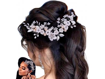 Elegantní svatební hřeben do vlasů, stříbrný s bílými květy a perlami, 14x8 cm