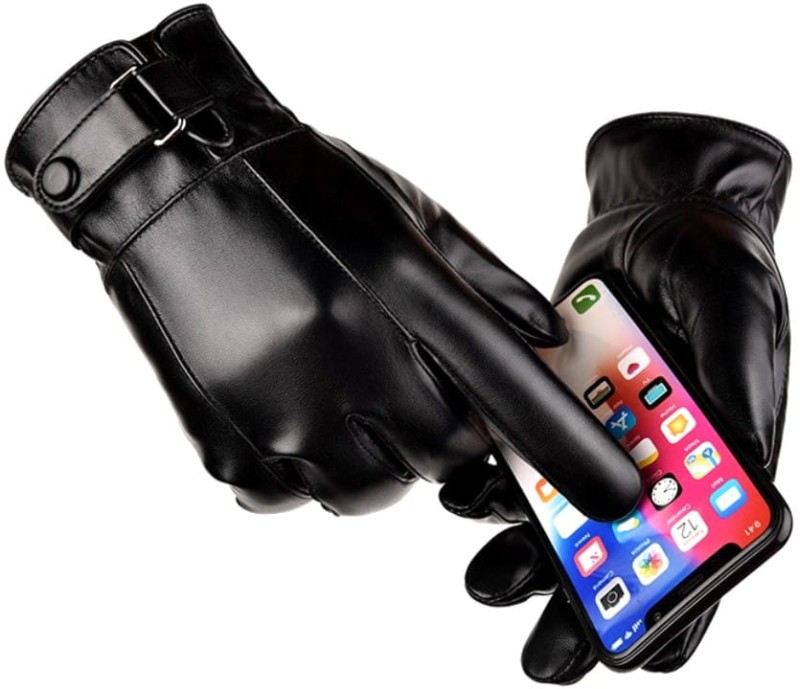 Pánské dotykové rukavice z kvalitní umělé kůže, černé, univerzální velikost, s vnitřním zateplením