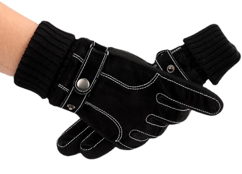 Pánské zimní rukavice na dotek, černé semišové, s pružnou šňůrkou