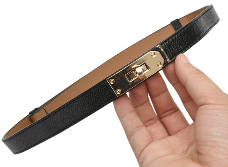 Dámský úzký pásek z kvalitní umělé kůže, černý se zlatou sponou, nastavitelná délka do 95 cm