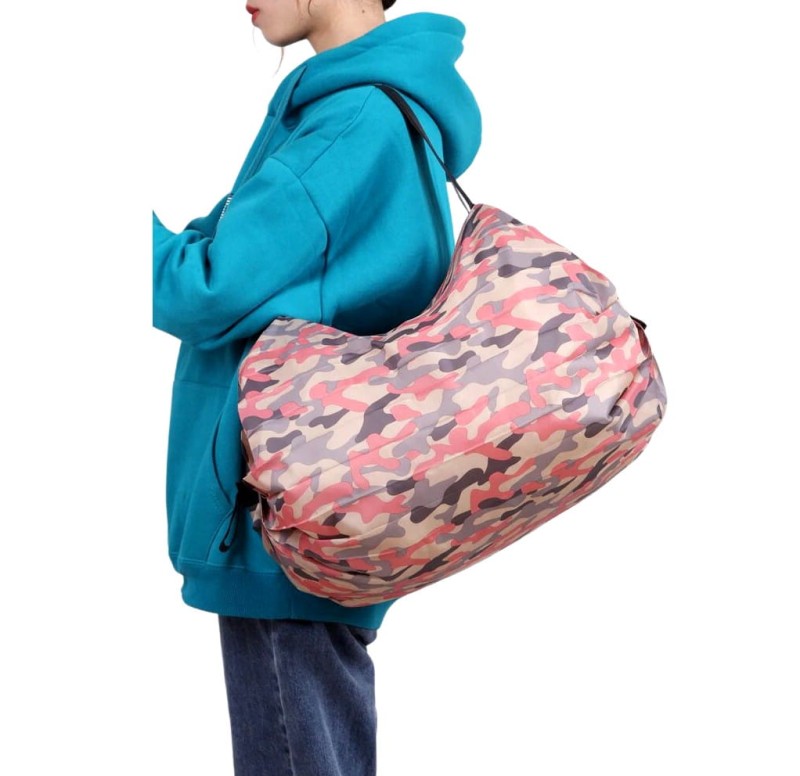 Skládací prostorná nákupní taška, moro s odstíny růžové, nylon, 50x35 cm