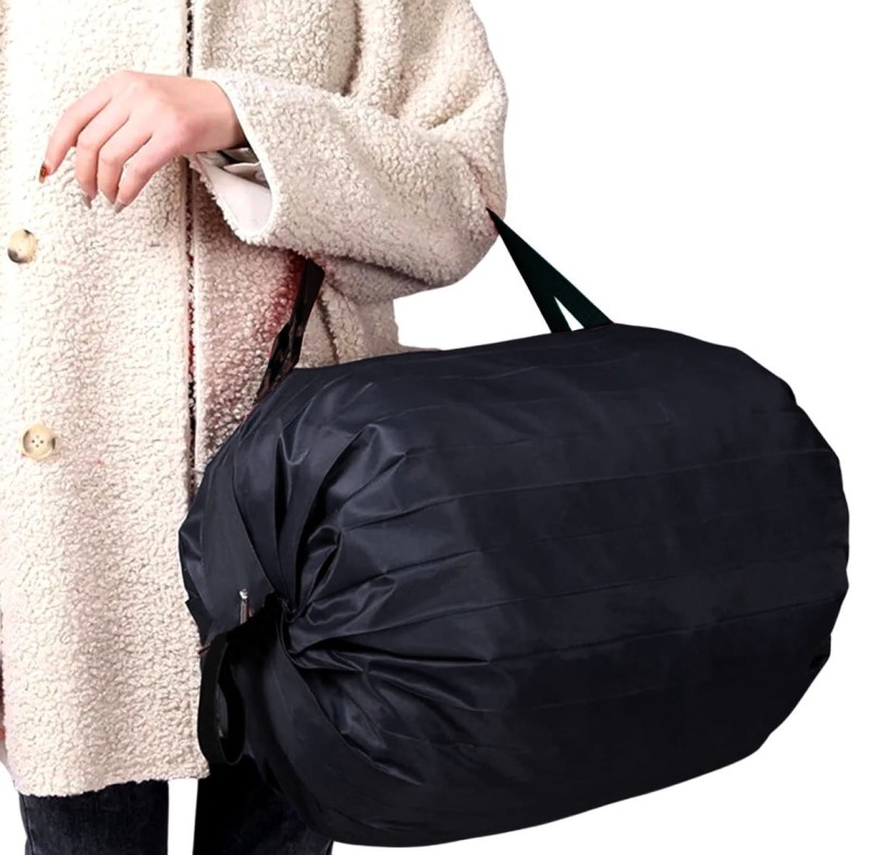 Skládací nákupní taška, černá, nylonový materiál, 50x35 cm