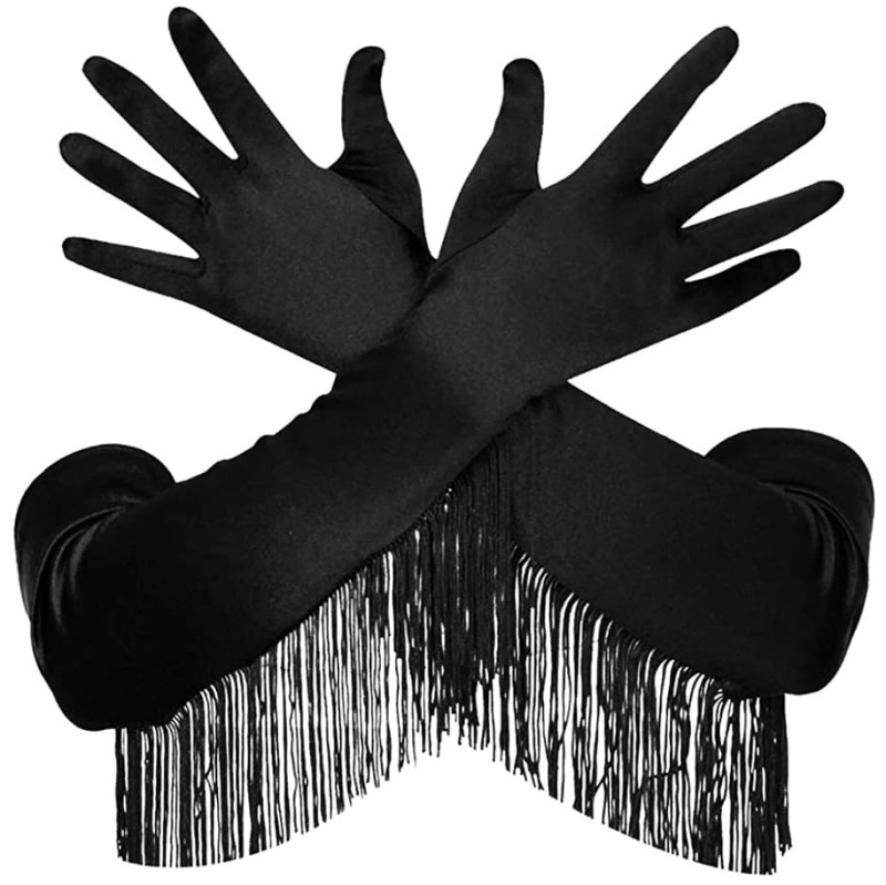Retro elegantní černé saténové rukavice se střapci