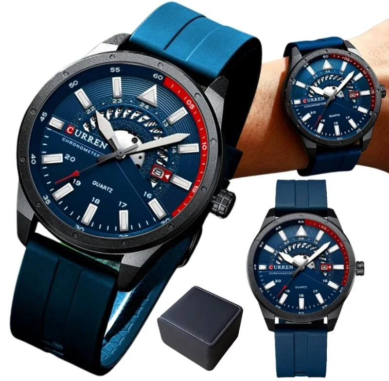 Sportovní pánské hodinky CURREN s modrým ciferníkem, nerezovou ocelí a gumovým řemínkem