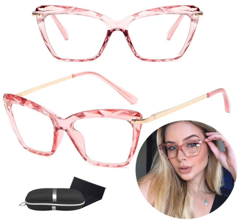 Růžové Stylové Brýle Cat-Eye s Antireflexními Čočkami a UV400 Filtrem, Materiál: Polykarbonát-Kov-Plast, Rozměry: 143x134 mm