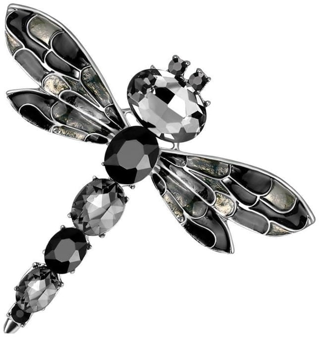 Elegantní Brož Vážka s Černými Krystaly, Šperkařská Slitina, 6x5.5 cm