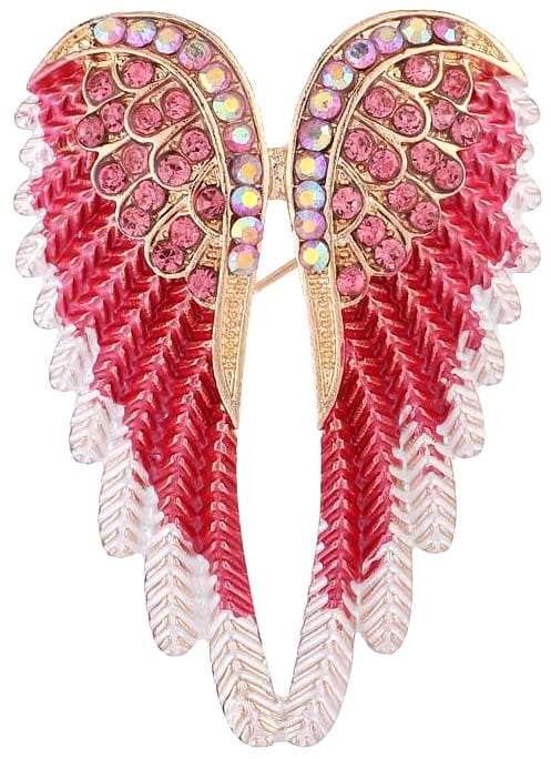 Elegantní brož šerpa s červenými křídly, zdobená zirkony, bižuterní slitina, 3.7x5.3 cm