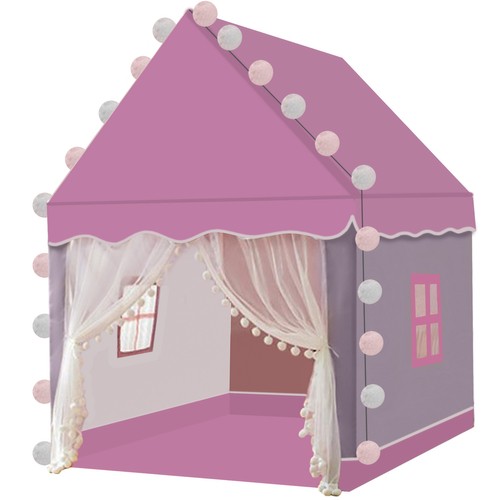 Kruzzel Dětský stan s LED světly, růžová/šedá/bílá, oxfordová látka, 130x100x115 cm