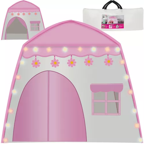 Kruzzel Dětský stan HOME s osvětlovací věnečkou, růžová/bílá, oxford materiál, 126x130x90 cm