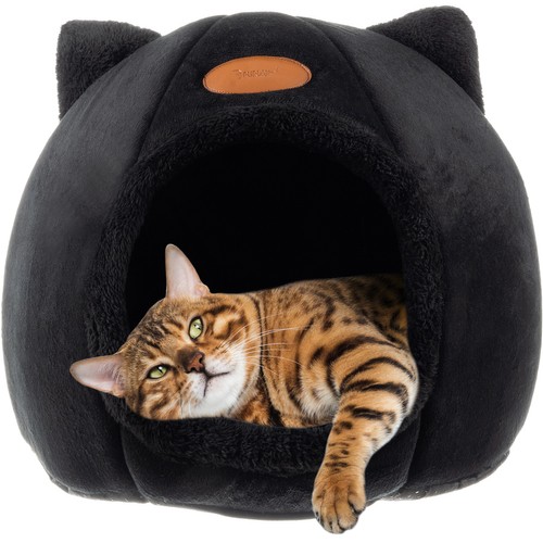 Purlov Plyšový pelíšek pro kočky ve tvaru domečku, černý, polyester/PP bavlna/EVA pěna, 36x33 cm