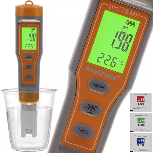 Bigstren Elektronický Tester kvality vody 4v1 s LED displejem, měření pH a teploty, napájení na baterie, ABS materiál