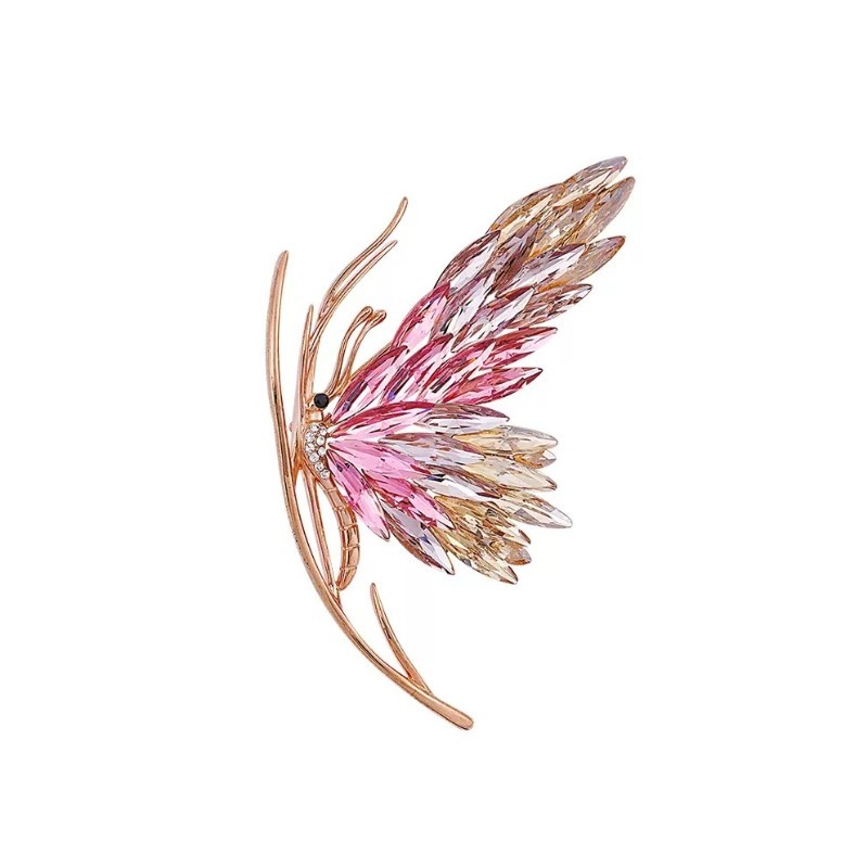 Flamenco Mystique Elegantní Brož Křišťálově Růžový Motýl, 7x6 cm, ze Slitiny Obecných Kovů Bez Niklu a Chromu