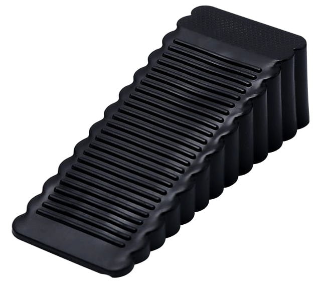 Černá plastová zarážka dveří, klínový tvar, rozměry 4,1 x 9,5 x 2,8 cm