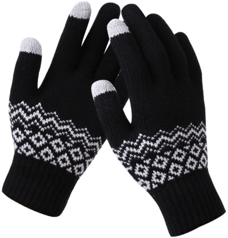 Teplé dámské rukavice Nordic Pattern Touch, černé, akrylová příze, univerzální velikost