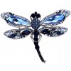 Elegantní Brož Vážka zdobená zirkony a krystaly, stříbrná bižuterní slitina, modrá/černá/safírová/bílá/žlutá