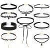 Černá sada 10 kusů choker náhrdelníků s krajkovým páskem
