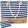 Velká plážová/pikniková taška v námořském stylu, modrá s bílými pruhy, polyester-bavlna + juta, 34x48x14 cm