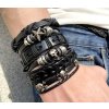Pánský náramek PUNK set s černými lebkami, kůže a ocel, nastavitelná délka 15,5-16,5 cm