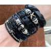 Pánský náramek PUNK set s černými lebkami, kůže a ocel, nastavitelná délka 15,5-16,5 cm