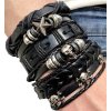 Pánský náramek PUNK set s černými lebkami, kůže a ocel, nastavitelná délka 15,5-16,5 cm