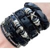 Pánský náramek PUNK set s černými lebkami, kůže a ocel, nastavitelná délka 15,5-16,5 cm