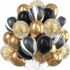 Sada 30 balónků v zlaté a černé barvě, latex, průměr 25 cm, s konfetami pro svatební a narozeninovou oslavu
