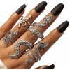 Sada 4 stříbrných kovových prstenů s hadím motivem, šířka 17-19 mm