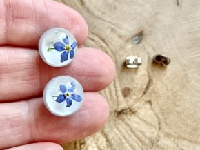 Náušnice pecky s modrými kvítky Pomněnek a bílým podkladem 13 mm
