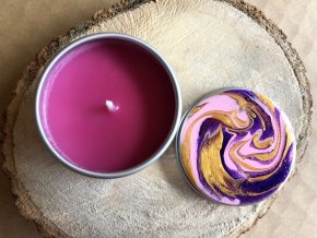 Svíčka v malé plechovce růžovo-zlato-fialová FLOW