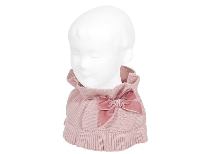 garter stitch snood scarf with big velvet bow pale pink
