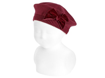 garter stitch beret velvet bow garnet