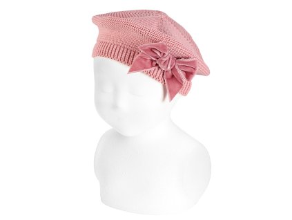 garter stitch beret velvet bow pale pink