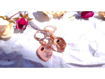 Náušnice Listky Růže s rudým kamínkem