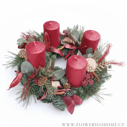 Adventní věnec červený glitrované svíčky