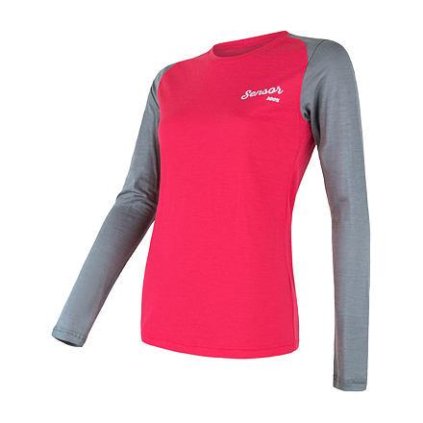 FLS11000707 sensor merino active logo damske tricko dl rukav magenta siva