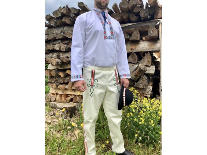Pánske folklórne nohavice smotanové (zeleno-červené zdobenie)