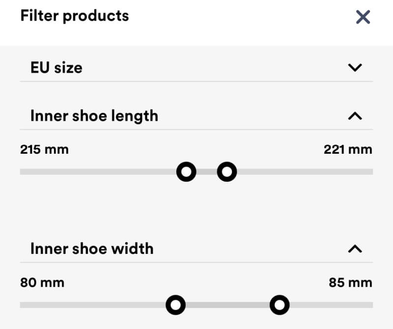 Filtering internal shoe dimensions