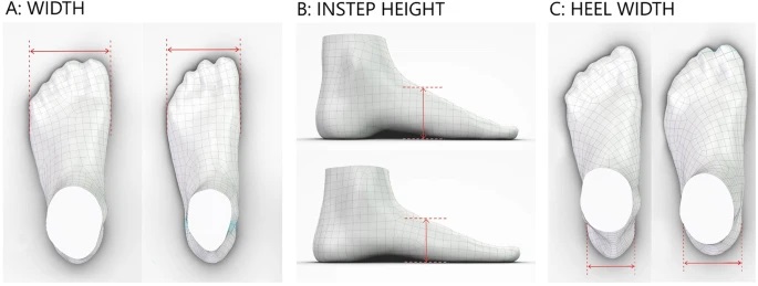Feet width, instep height, heel width