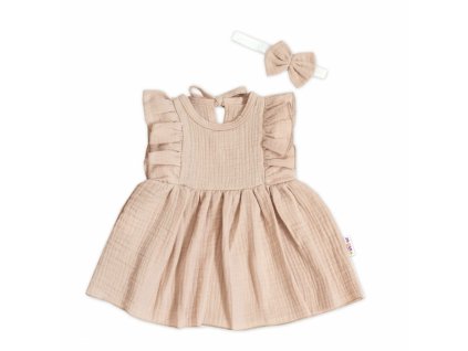 Baby Nellys 2-dielna sada mušelínove šatočky + čelenka, béžové (Farba béžové, Veľkosť 74)