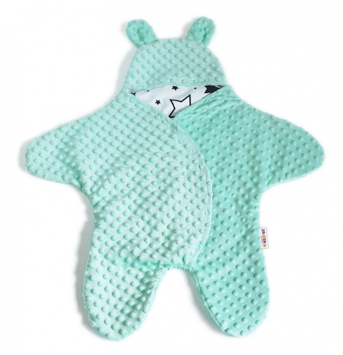Baby Nellys Fusak, spacáček do autosedačky alebo kočíka s uškami, Minky - zelený, mátový