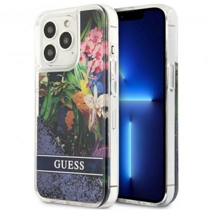 Originálne puzdro GUESS GUHCP13LLFLSB pre iPhone 13 PRO (Glitter Flower / modré)