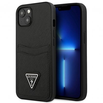 Originálne puzdro GUESS GUHCP13SPSATPK do iPhone 13 MINI (Saffiano Double Card Triangle / čierne)