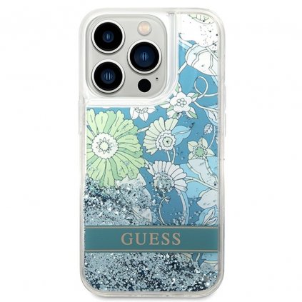 Originálne puzdro GUESS GUHCP14LLFLSN pre iPhone 14 PRO (Liquide Glitter Flower / zelené)