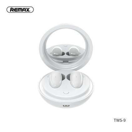 Bezdrôtové stereo slúchadlá REMAX TWS-9 s dokovacou stanicou a zrkadlom biele