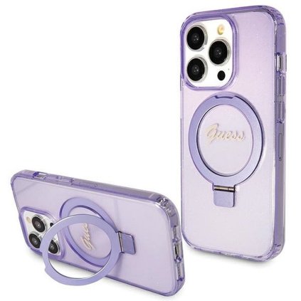 GUESS pre IPHONE 15 Pro s MagSafe GUHMP15LHRSGSU (Glitter Script Logo krúžok na prst) fialové