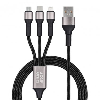 Dátový kábel Blue Star - 3v1 micro USB, USB C a Lightning, 3A, čierny