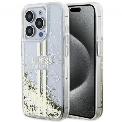 Originálne puzdro GUESS GUHCP15XLFCSEGT pre iPhone 15 Pro Max (Liquid Glitter zlaté Stripes / transparent)