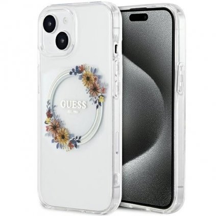 Originálne puzdro GUESS GUHMP15SHFWFCT pre iPhone 15 (Compatible with Magsafe / Flowers Wreath / transparent)