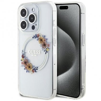 Originálne puzdro GUESS GUHMP15XHFWFCT pre iPhone 15 Pro Max (Compatible with Magsafe / Flowers Wreath / transparent)